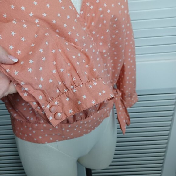 Madewell Wrap Top Star Scatter Coral Wrap Front Cotton Blouse Womens Medium - Picture 5 of 13